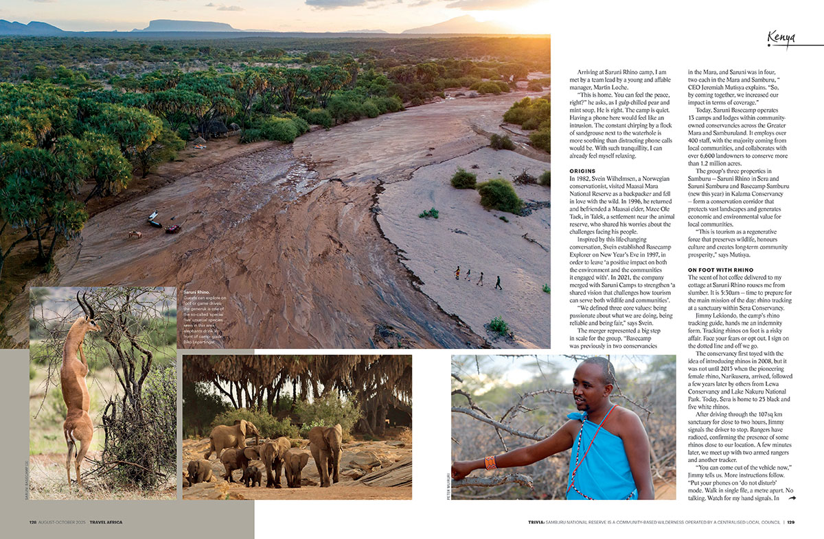 Travel Africa spread for the Samburu story pages 128 to 129.